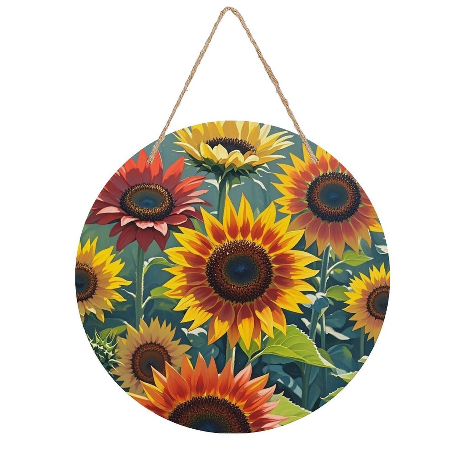 VstaDank Red And Yellow Sunflowers Wall Decor Round Wood Hanging Sign 7.9x7.9 in Wooden Circle Door Hanger with Ropes, Rustic Wall Art Decor for Home Front Door Indoor Outdoor Decoration