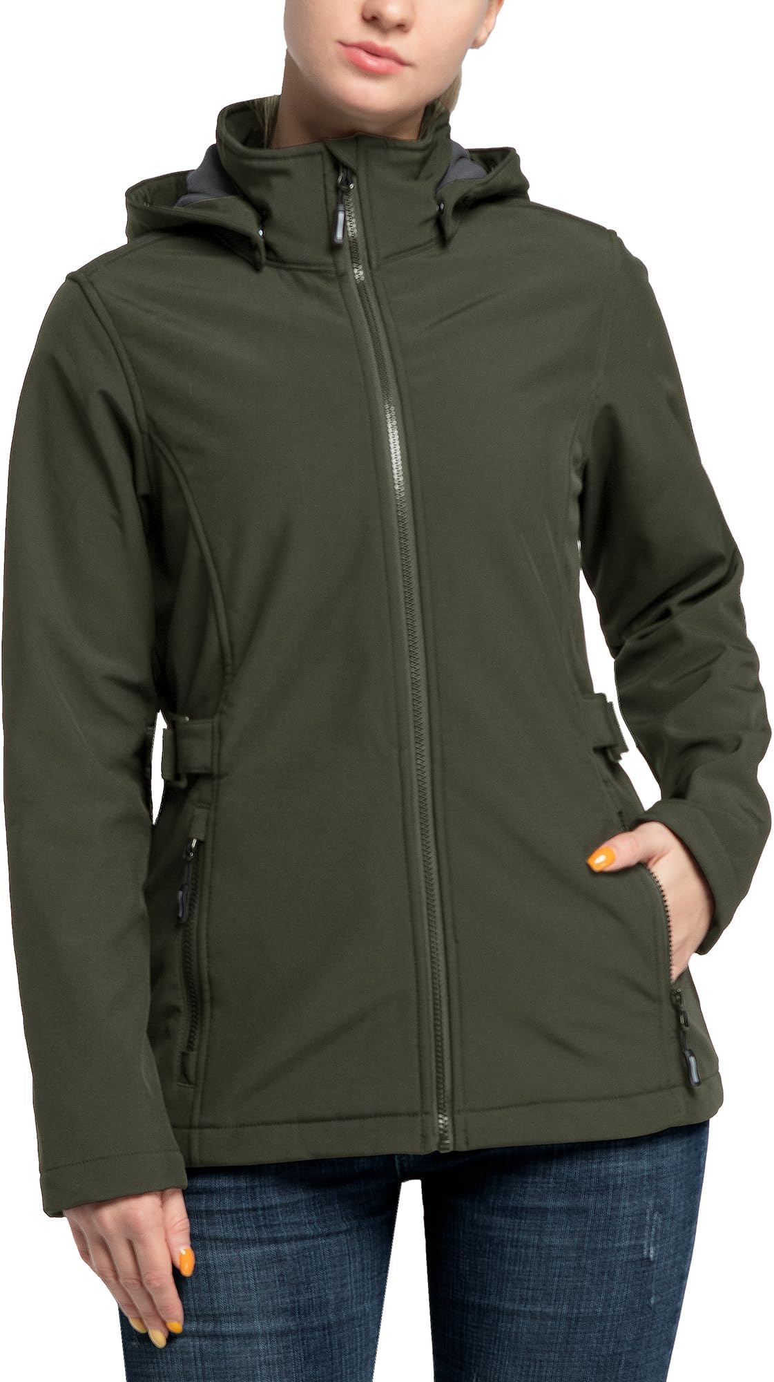 Outdoor Ventures Women's Softshell Jacket with Removable Hood, Insulated Windbreaker Waterproof Warm Fleece Lined Coat