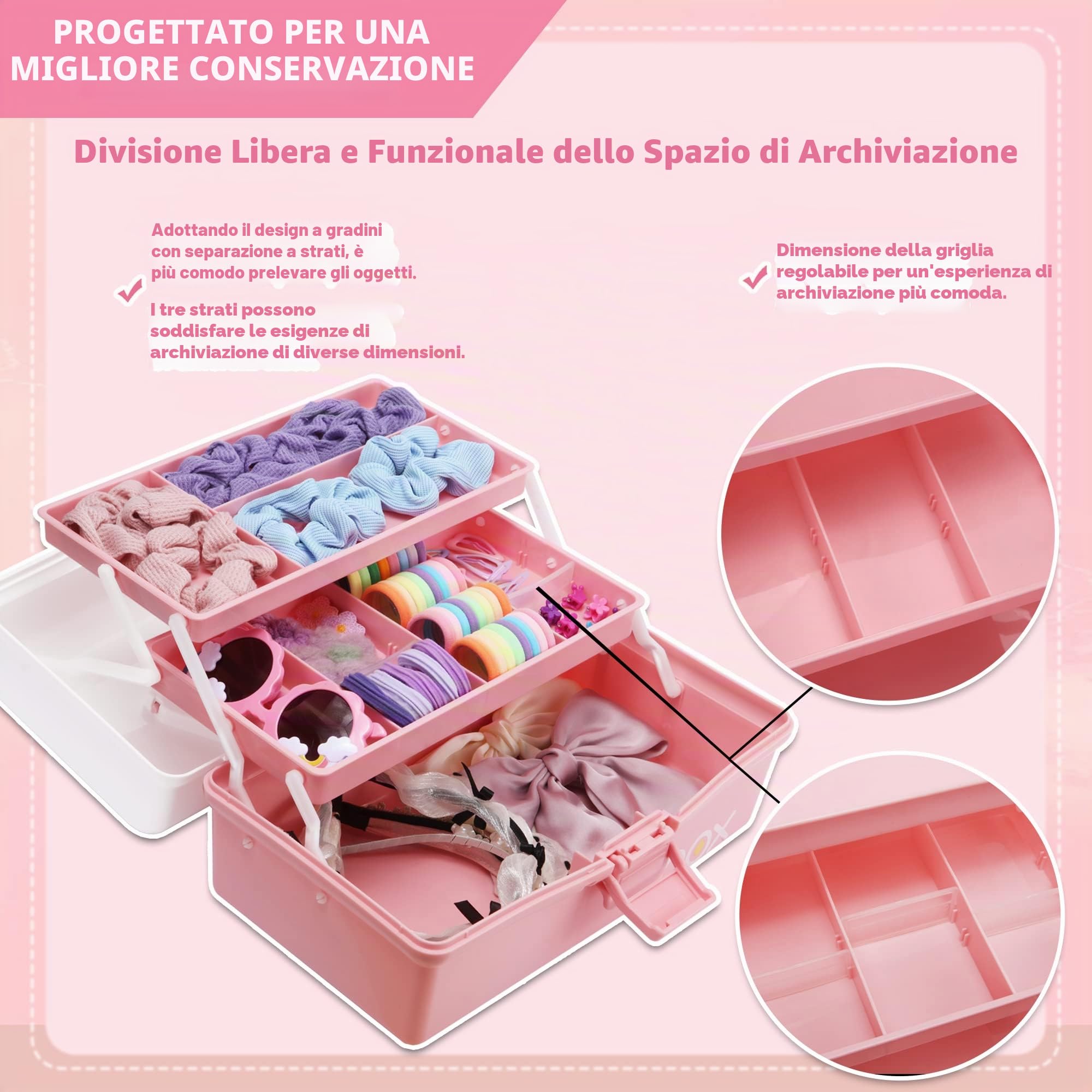 Creahaus Scatola portaoggetti multiuso da 30,5 cm, organizer, cassette degli attrezzi, valigetta per arti e bricolage, per cucito, organizer, scatola medica, cassetta di pronto soccorso(rosa bianco)