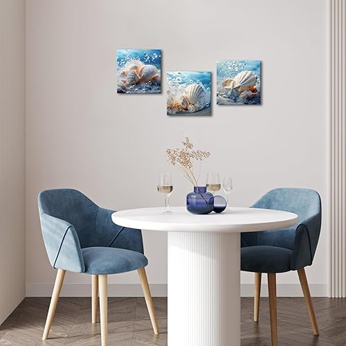 Miniatura 2 de Canvbay 3 piezas de arte de pared de conchas marinas, impresiones en lienzo con temática de playa azul, cuadros de pintura costera, conchas marinas