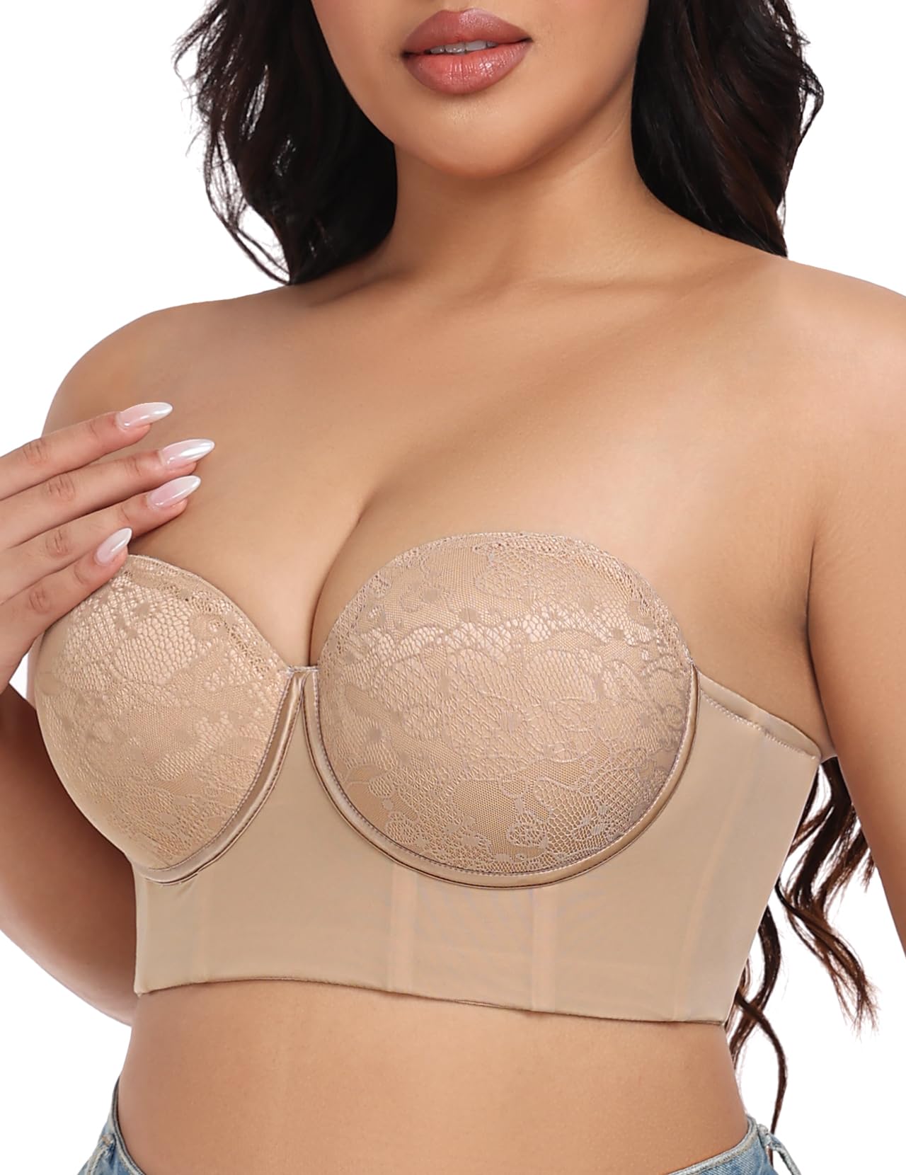 FallSweet Lace Strapless Bustier Bra for Women Underwire Longline Corset Top