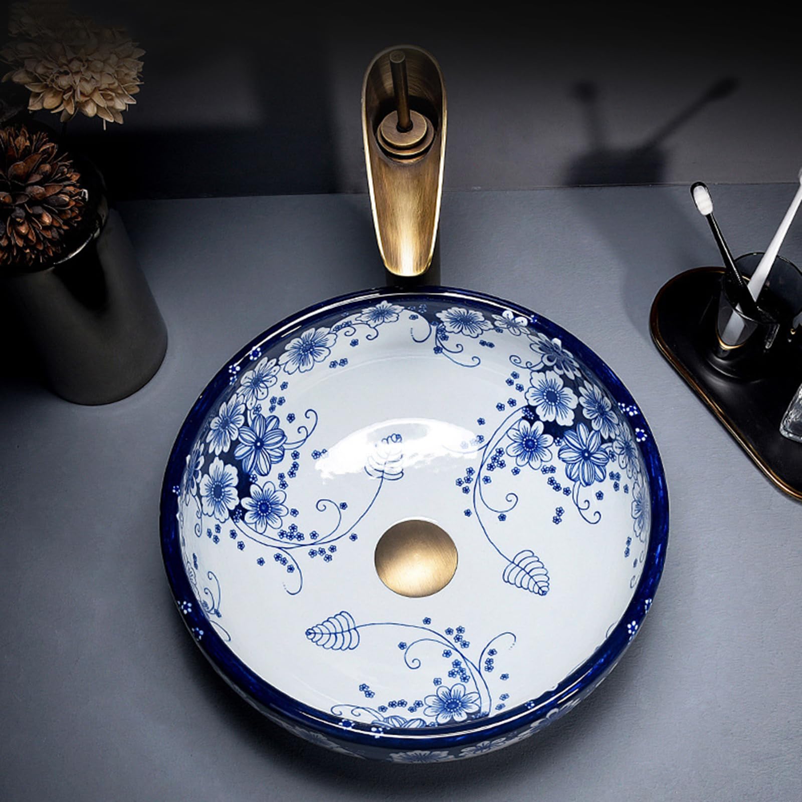 35 Cm Okrągła Umywalka Ceramiczna Nablatowa Z Białym I Niebieskim Wzorem - Nowoczesna Umywalka Nablatowa Do Łazienki, Mała Porcelanowa Umywalka Nablatowa Z Baterią