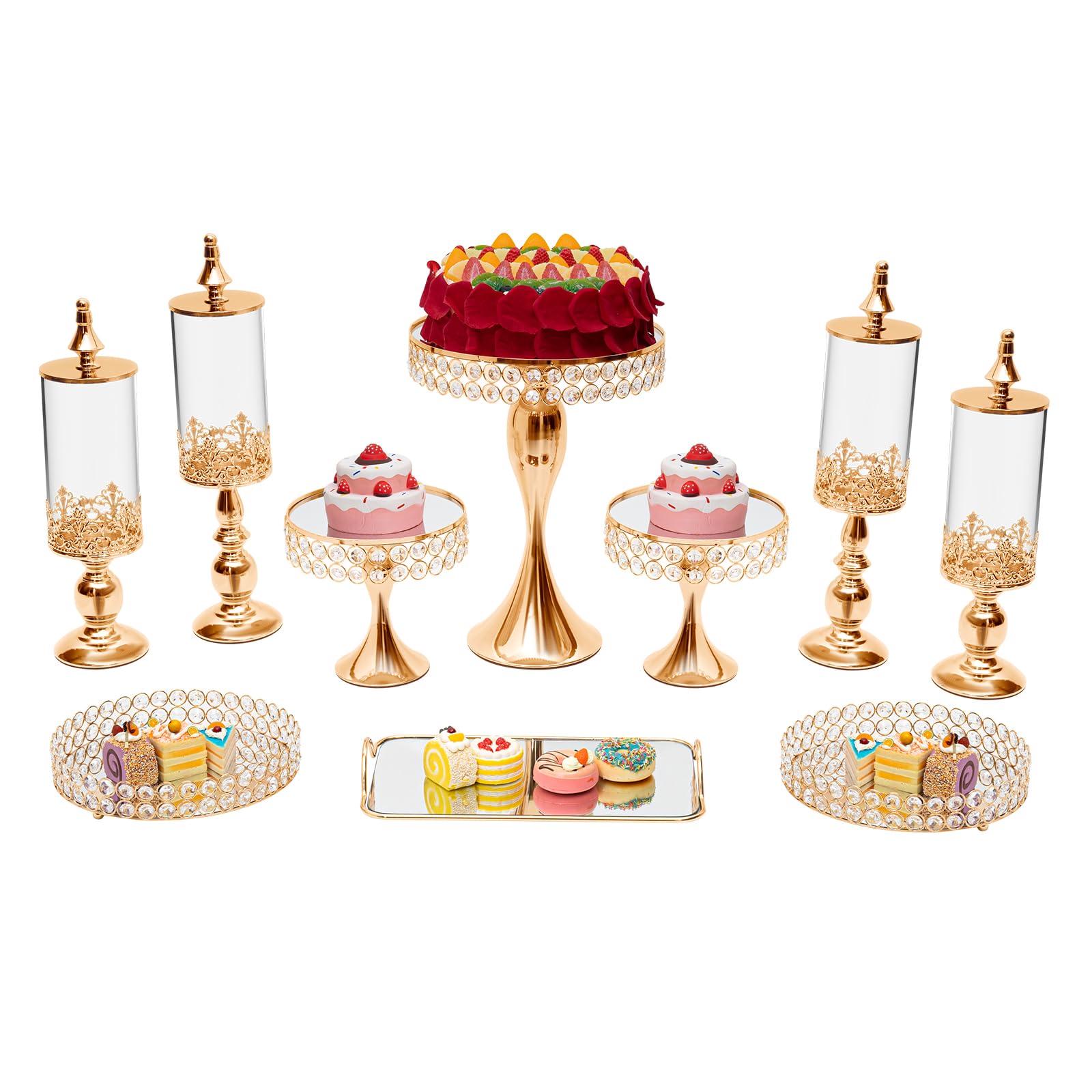 TFCFL Cake Stands Set, Crystal Cupcake Stand Cookie Holder Fruits Dessert Display Plate, For Baby Shower Wedding Brithday Party Celebration Home Decoration (Gold-10PCS)