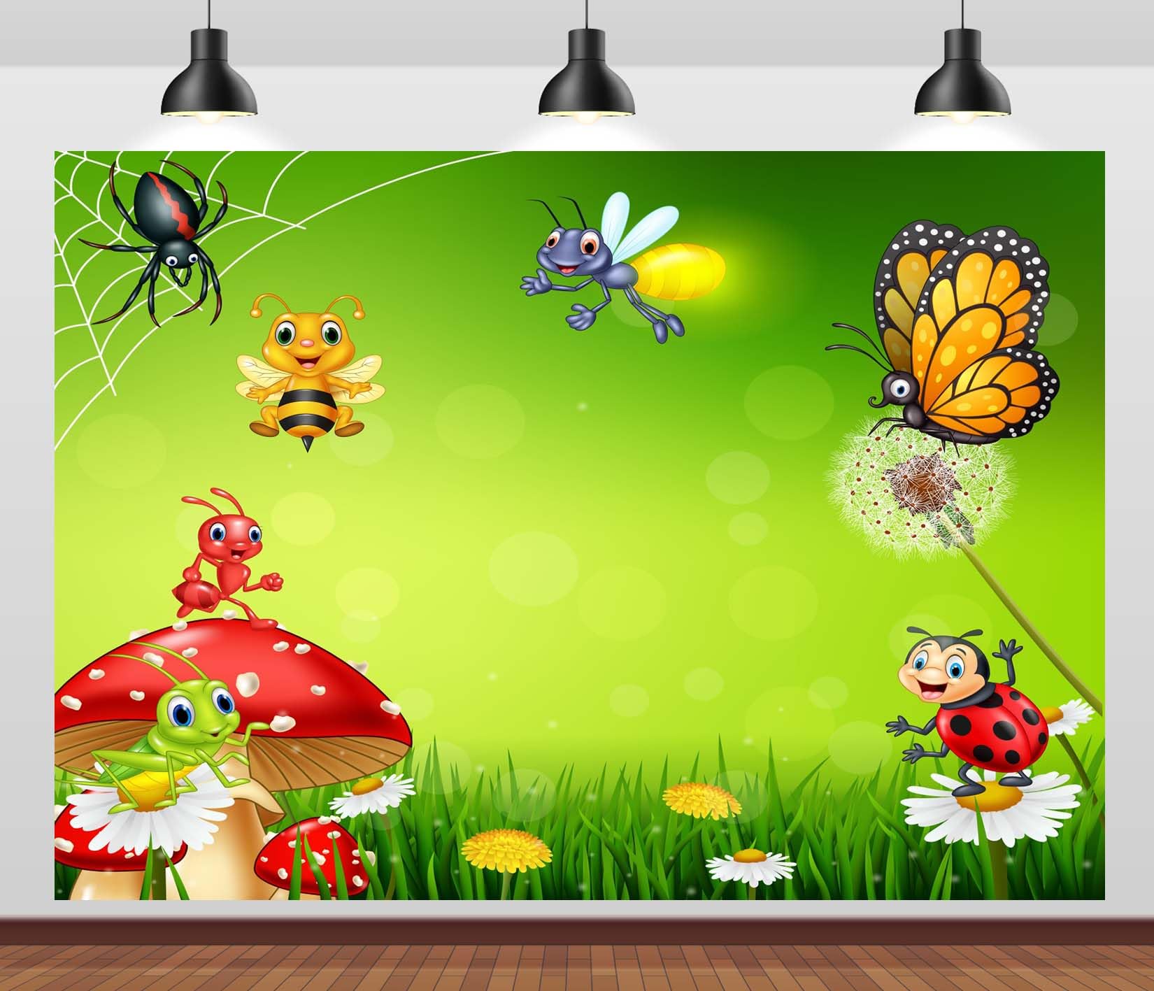 CORFOTO 9x6ft Fabric Cartoon Small Insect Backdrop Cute Insect Green Plants Theme Background Nserts Theme Birthday Party Decorations Nature Theme Cake