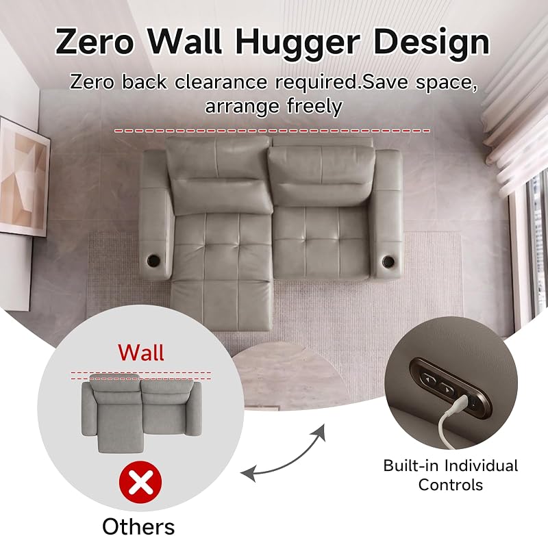 79" Zero Gravity Loveseat Recliner Sofa, Genuine Leather Reclining Couch with Adjustable Backdrests | USB Port | Cup Holders, 3-Seater Modern Sectional Couches for Living Room, Appartment,Khaki image 6