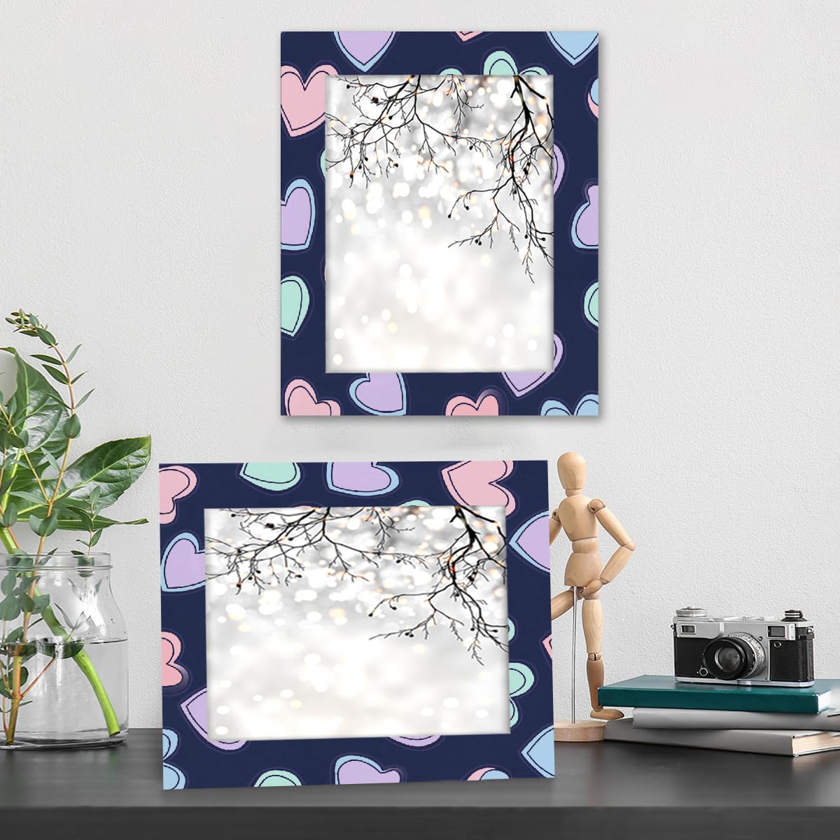 Bilderrahmen zum Valentinstag, buntes Herz, blauer Hintergrund, Holz-Foto-Schaukasten, Heimdekoration, Fotocollage-Rahmen für Wand und Schreibtisch, 27,9 x 35,6 cm