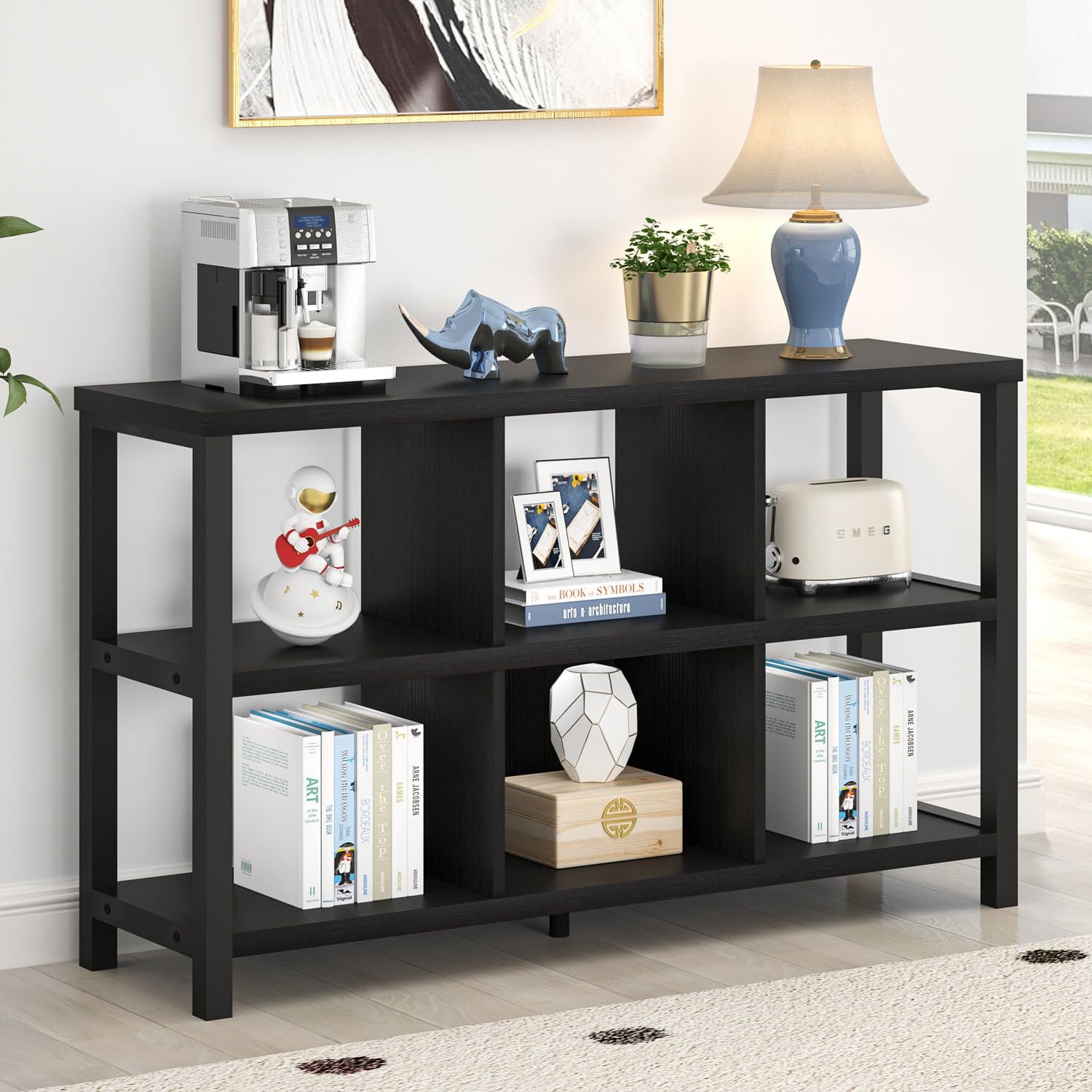 FOLUBAN Industrial 6 Cube Storage Organizer Bookshelf, Wood and Metal Cubby Bookcase, Horizontal Open Book Shelf for Bedroom Living Room, Black Oak,