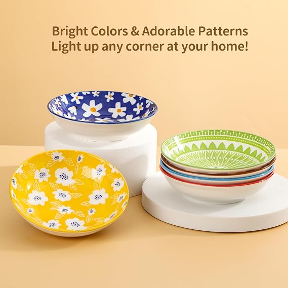 Fairy Tales Colorful Ceramic Cat Bowls Set of 6 - Feeding Dishes With Non-Slip Mat - 5.75 Shallow Wide Food Plate, Whisker Friendly - Microwave Dishwasher Safe - 8.5 oz