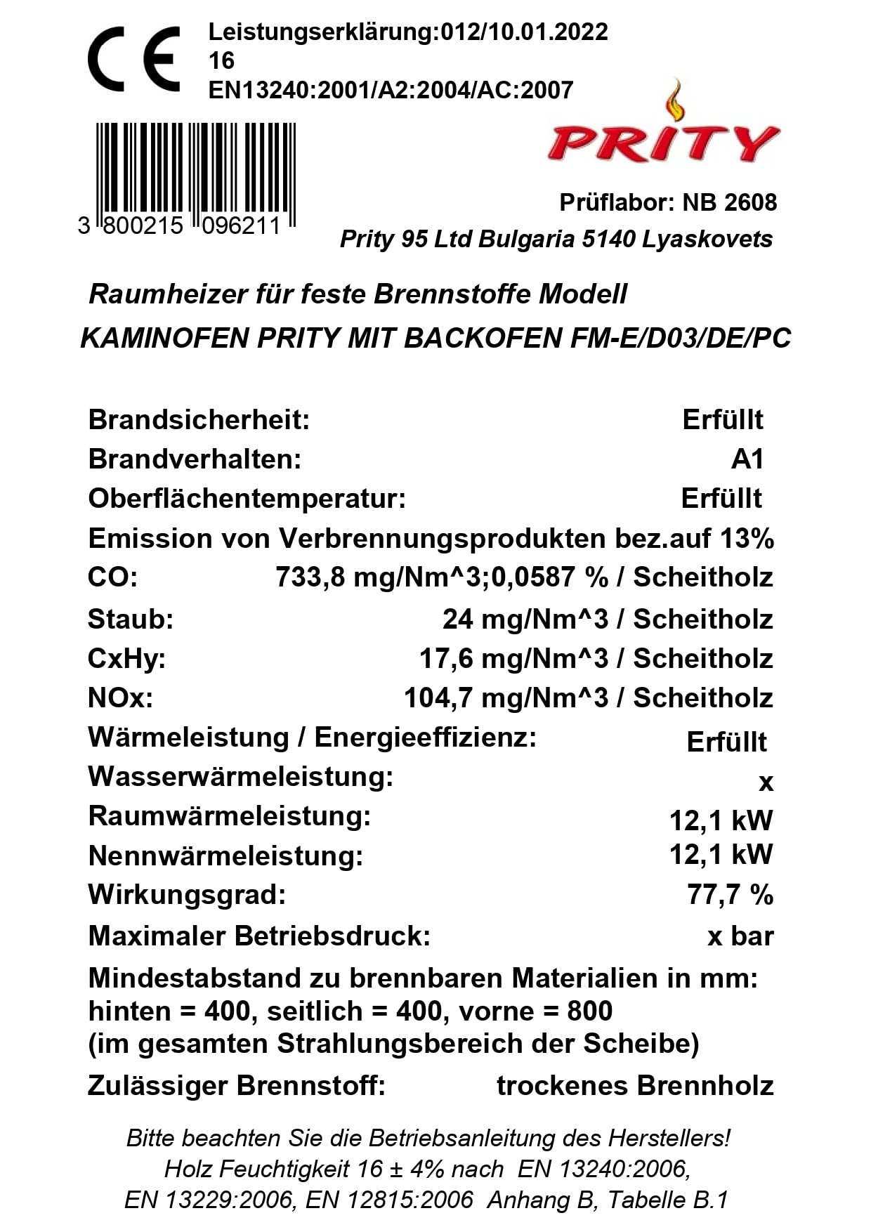 Stufa a legna Camino Prity FM E, 12KW