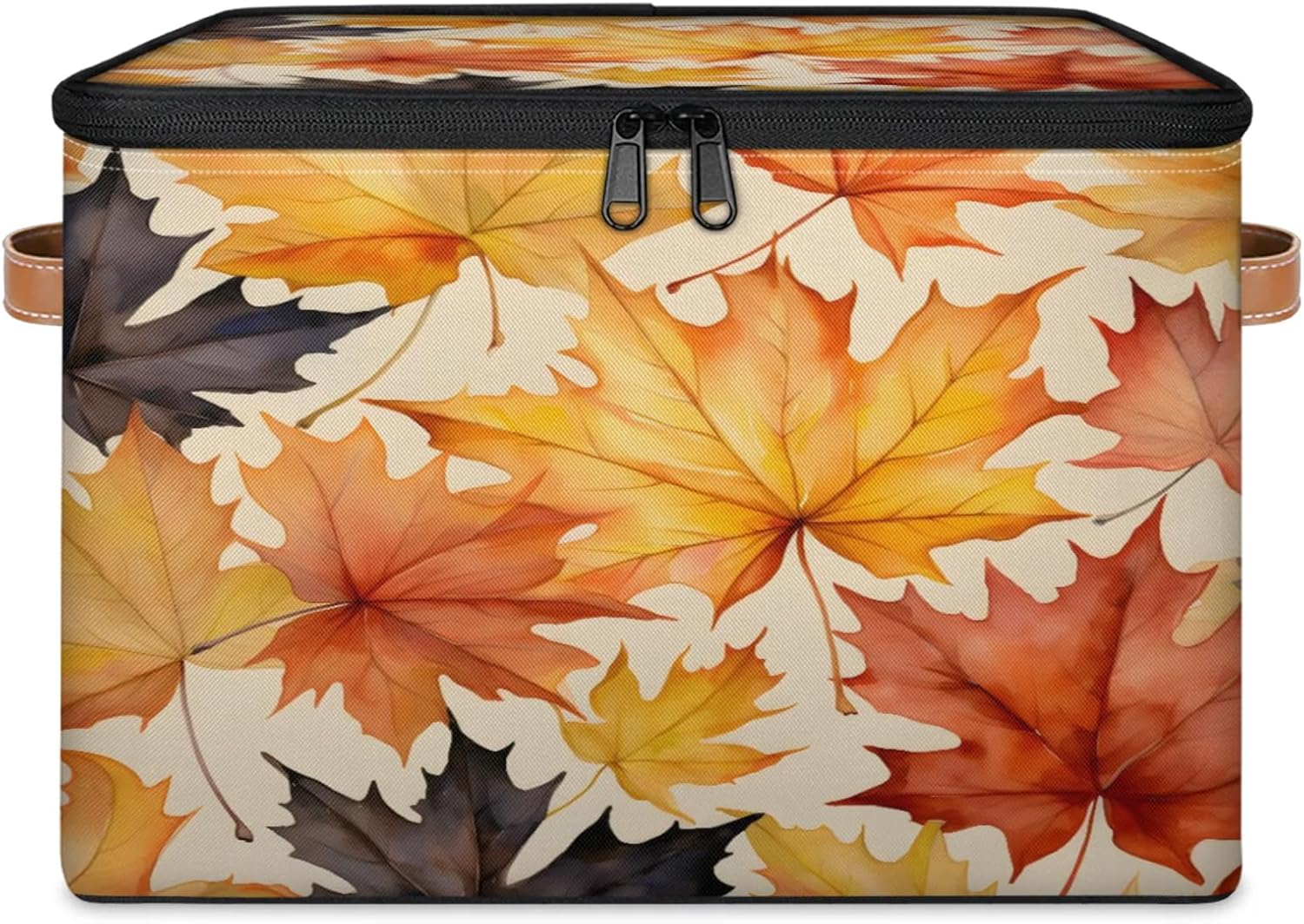 Storage Bin Set of 2 Maple Leaves Storage Basket with Zipper Lid & Handle Foldable Closet Shelf 2 Pack Cloth Organizer Basket Cube Bins Clothes Organizer for Nursery, Bedroom