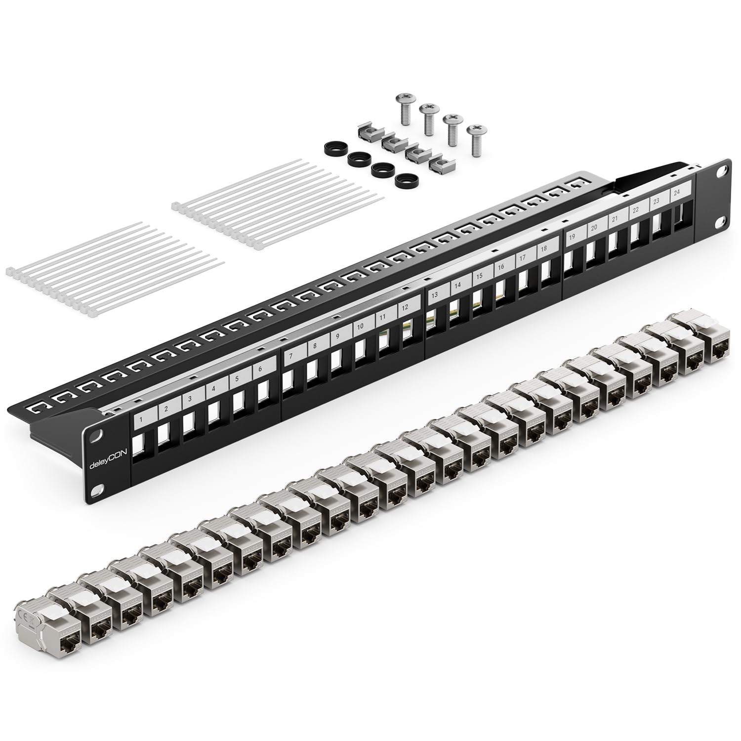 deleyCON 24 Porto CAT7 Pannello Patch SET Campo Delle Patch Campo di Distribuzione Modulare 1 IU 19" Pollici Montaggio Rack + 24x CAT 7 Keystone Moduli RJ45 10 Gbit/s 600 MHz Cavi di Posa Nero
