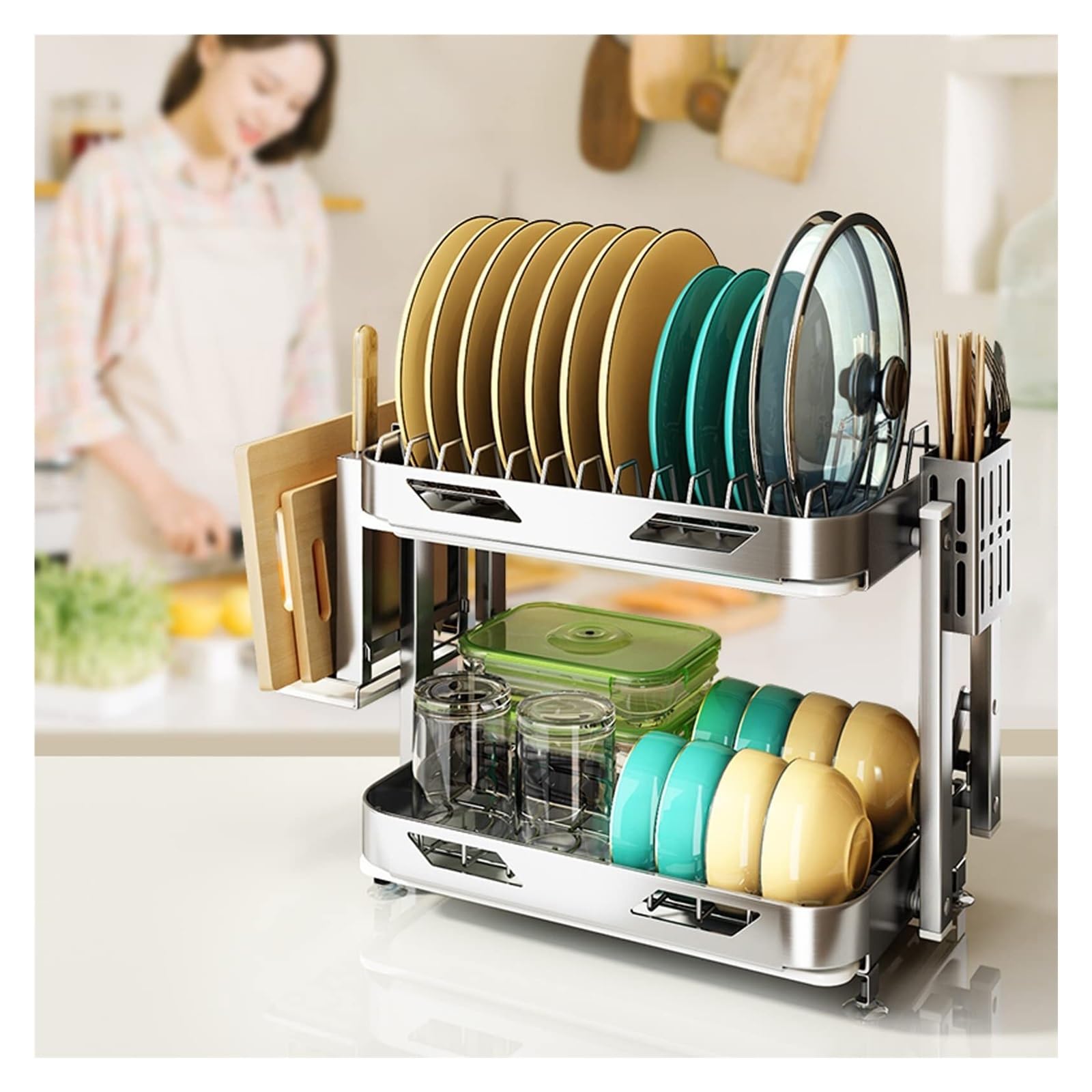 Genérico Escurridor de Platos de Acero Inoxidable con escurridor, escurridor de encimera de Cocina Inoxidable, for secar tazones, Platos y Tazas(2 Layer 42x35cm)