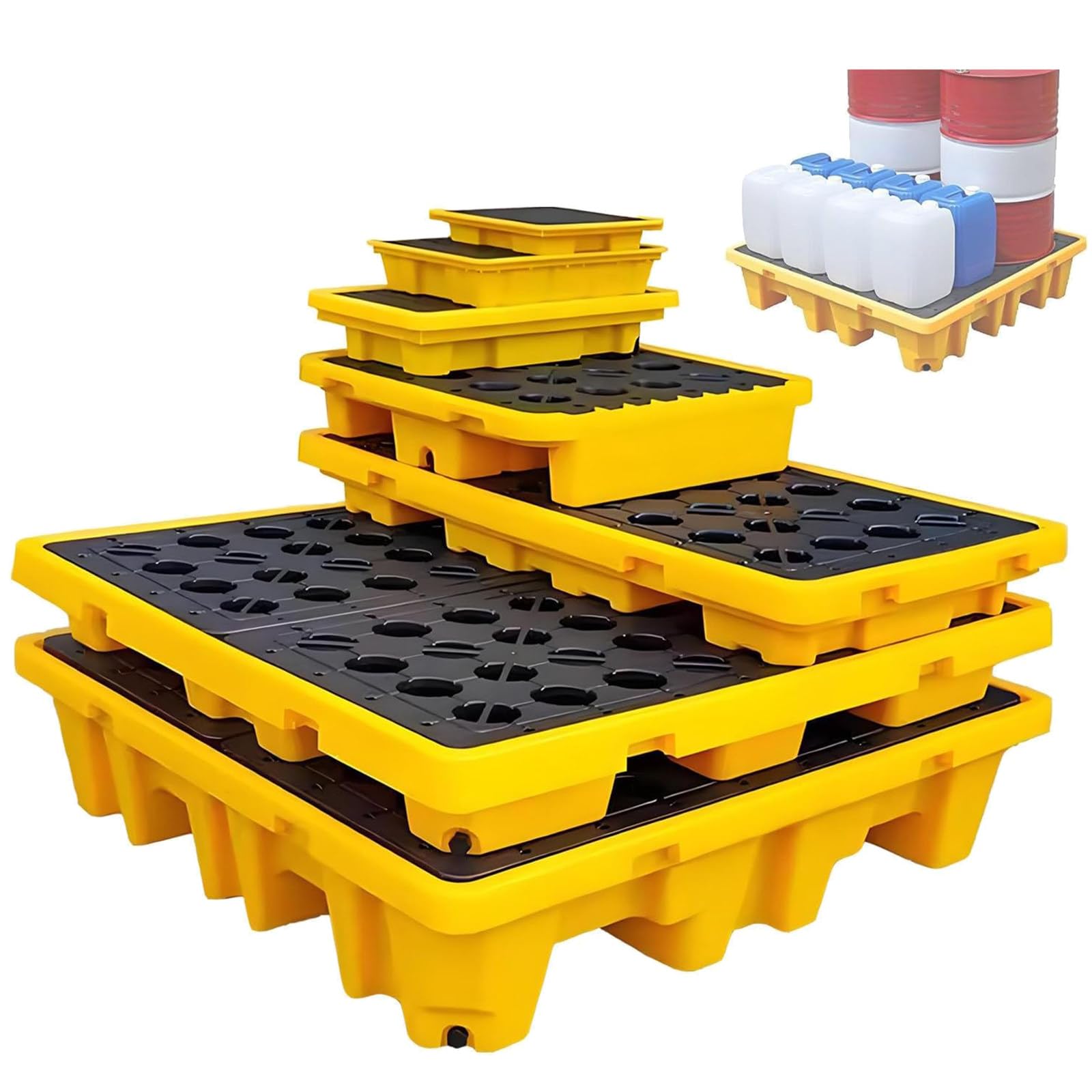 Piattaforma di contenimento delle fuoriuscite, vassoio impilabile con grata per fusti di olio, pallet industriale per depositi e fabbriche, 67 cm x 67 cm x 15 cm
