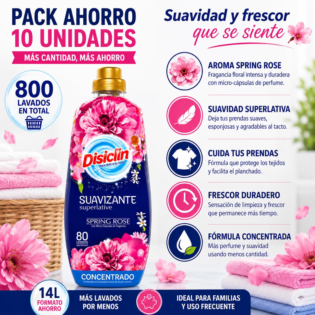 Suavizante Disclin Concentrado Spring Rose 1,4L | Pack 10 Unidades | 800 Lavados | Aroma Floral Duradero | Formato Ahorro 14L | RASMACOR