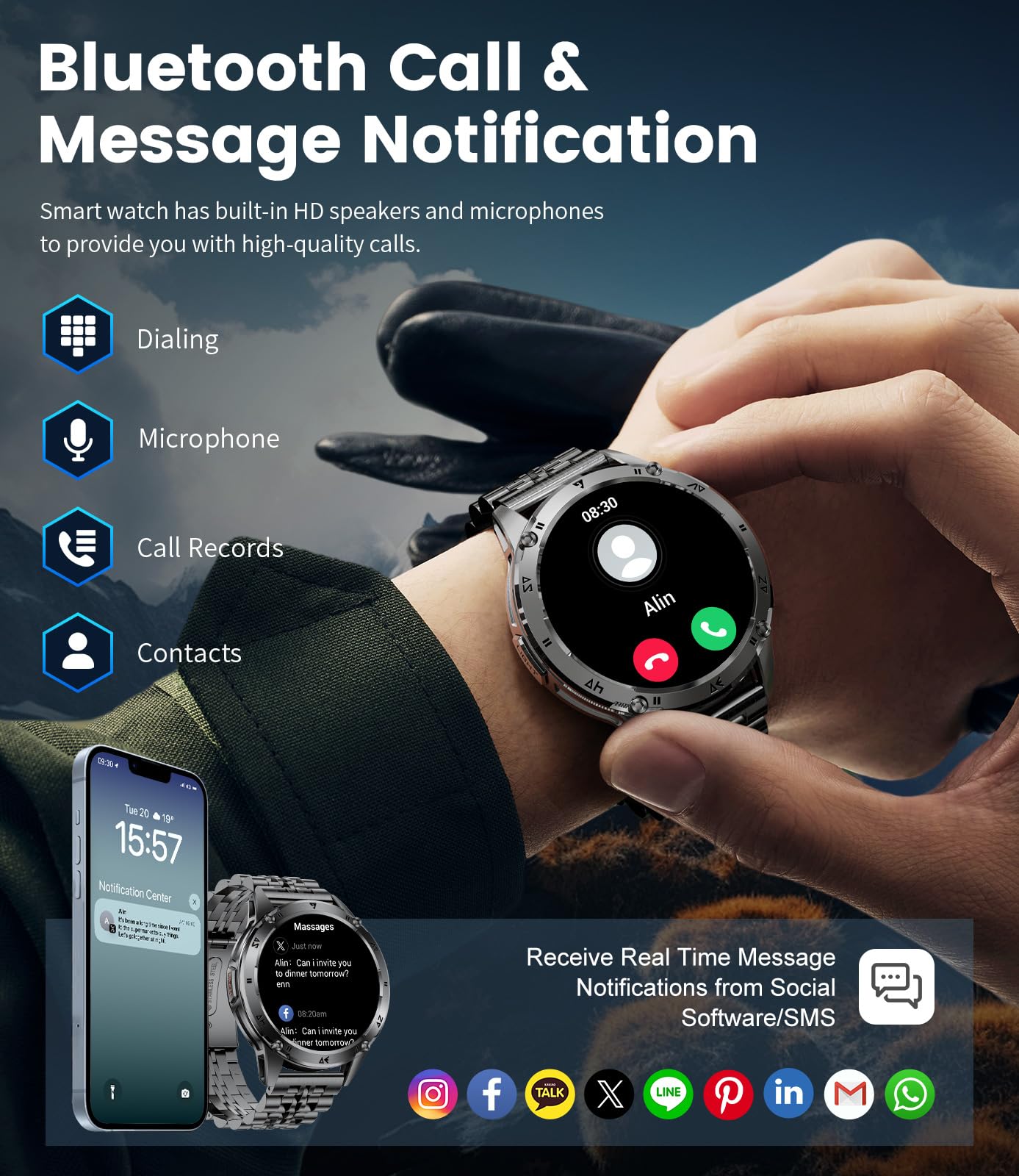 Smartwatch Uomo, Chiamate Bluetooth, 1,43" AMOLED Display Orologio Fitness e Torcia a LED, 110+ Modalità Sportive, Monitoraggio della Frequenza Cardiaca/Sonno, IP68, Android e iOS, Nero Acciaio