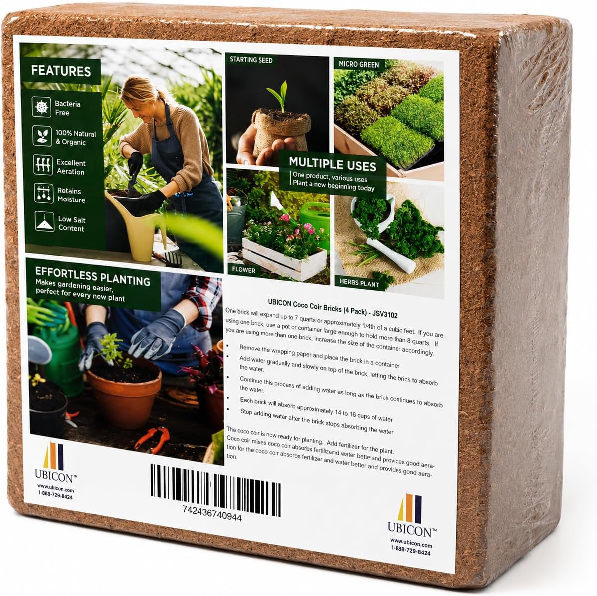 UBICON Organic Coco Coir Growing Medium 650 Gram Bricks, 4 Pack | Expands Quickly to about 10 Gallons | Ideal for Seed Starting and Potting Mixes | Excellent Aeration and Moisture Retention