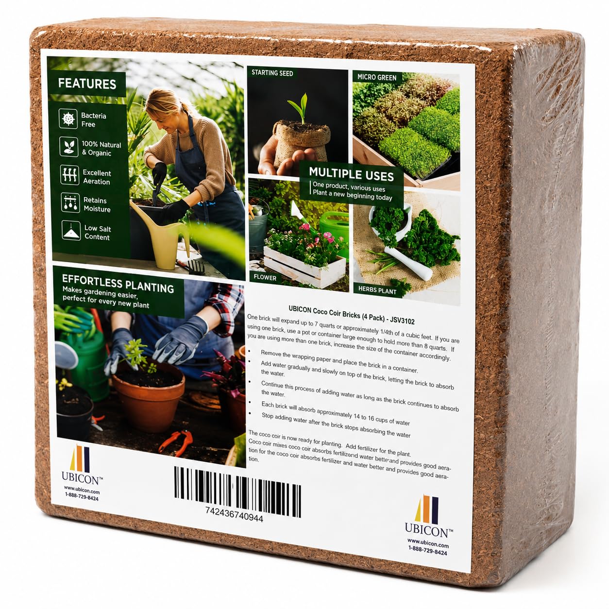 UBICON Organic Coco Coir Growing Medium 650 Gram Bricks, 4 Pack