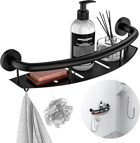 Black 18-inch Safety Grab Bar with Storage Shelf for Bathtub or Shower, Drainage Holes, Stainless Steel, Wall Mounted Grab Bars for Elderly Injured
