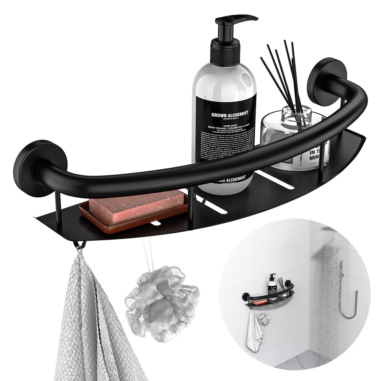 Black 18-inch Safety Grab Bar with Storage Shelf for Bathtub or Shower, Drainage Holes, Stainless Steel, Wall Mounted Grab Bars for Elderly Injured Balance Support
