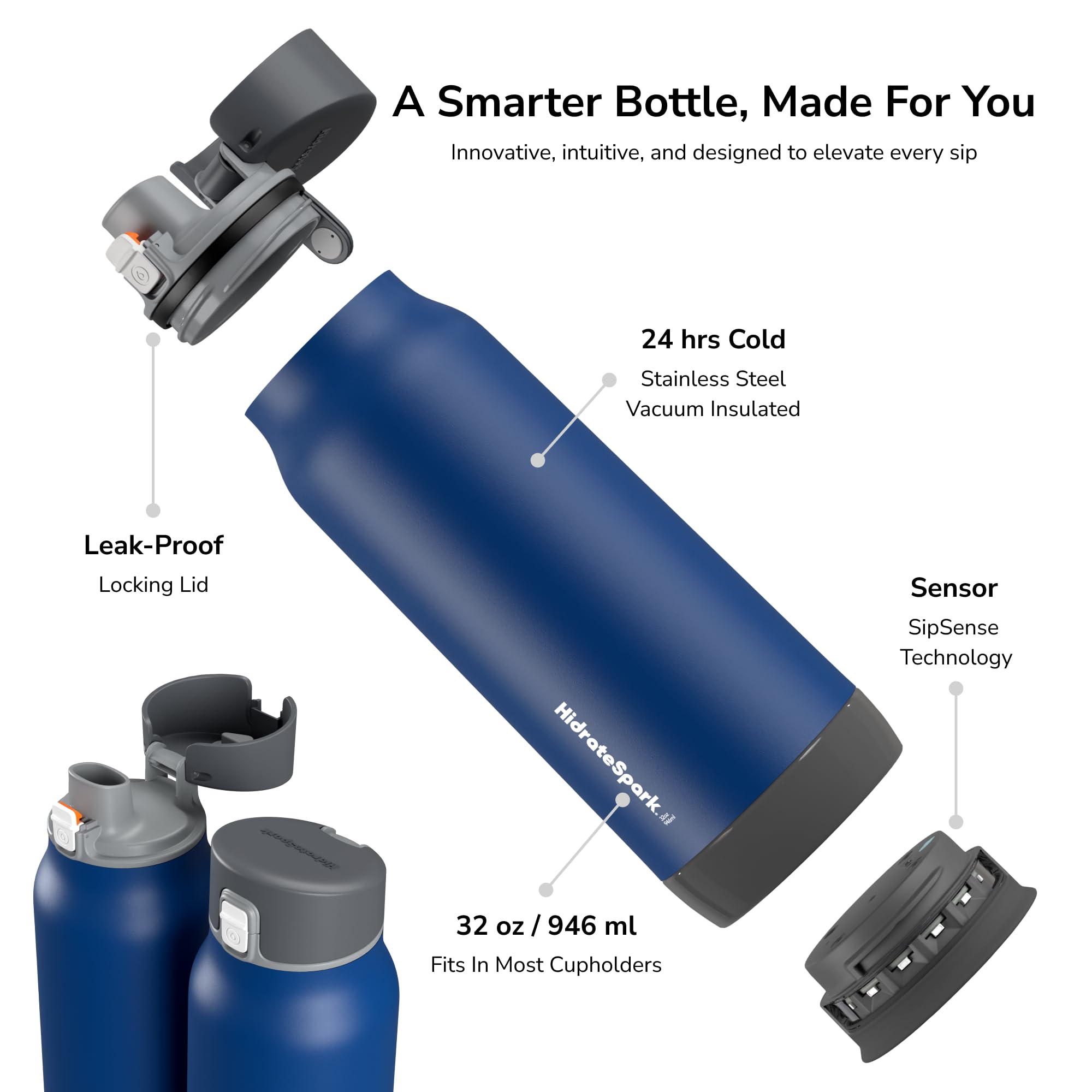 【hane様】HidrateSpark PRO STEEL シルバー 620ml Hidrate Spark Garrafa de água inteligente PRO – Aço inoxidável