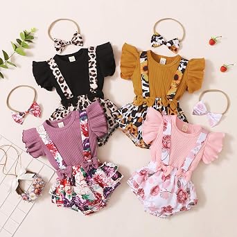 Summer Newborn Baby Girl Clothes Flare Sleeve T-Shirt Tees+Suspender Ruffles Shorts Outfit Set+Headband