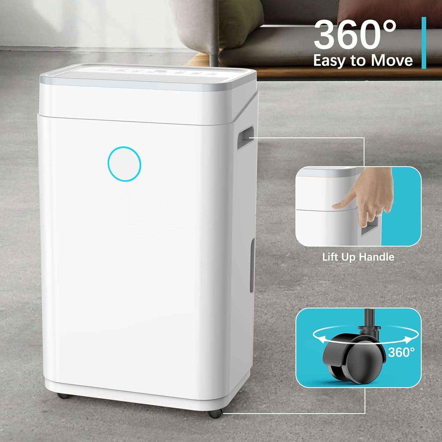 Dehumidifier with 360 degree wheels and lift up handle