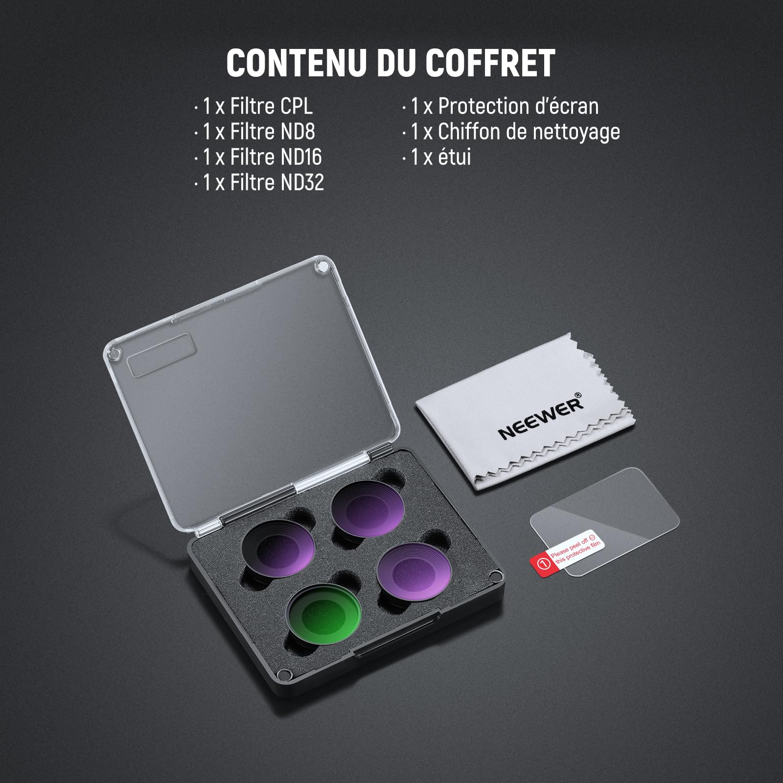 NEEWER Kit filtres ND Compatible avec DJI Osmo Nano(ND8/16/32/CPL),Filtre à densité Neutre à Visser, Accessoires en Verre Optique Multicouche avec Protection d'écran,4 Packs