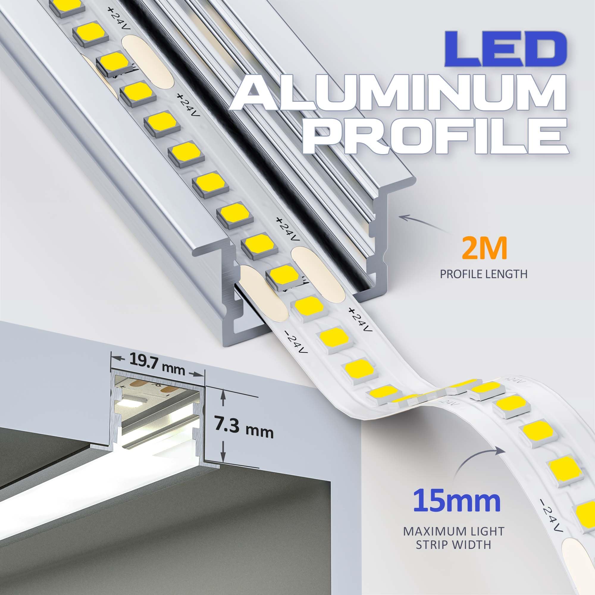 20 x Profili per Strisce LED 2 m (40m) U Profilo Alluminio per Cartongesso, Compatibile con Strisce LED fino a 15 12 mm – Binario LED con Diffusore Opalino, Tappi Finali - 27,2 x 15mm