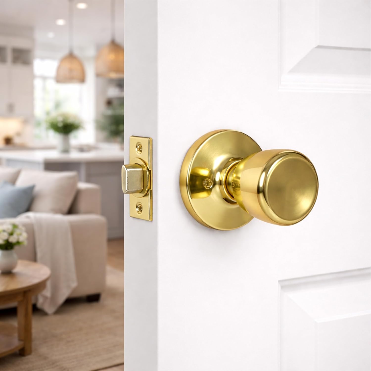 Design House Terrace Passage Door Knob, Hall and Closet, Polished Brass, 6-Way Universal, 728303