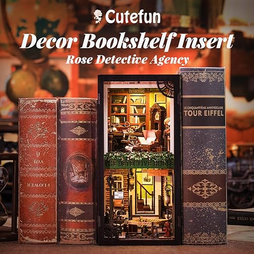 Miniatura 4 de Cutefun Kits de rincón de libros para adultos, rompecabezas 3D con luces LED, casa de muñecas de madera, kit de casa en miniatura para