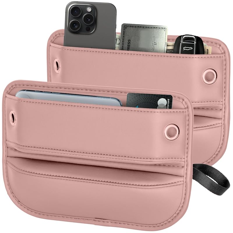 Organizador de vão do banco automotivo PLEW em couro PU com tira antiderrapante e passagem para cabo, Dune Pink, kit com 2