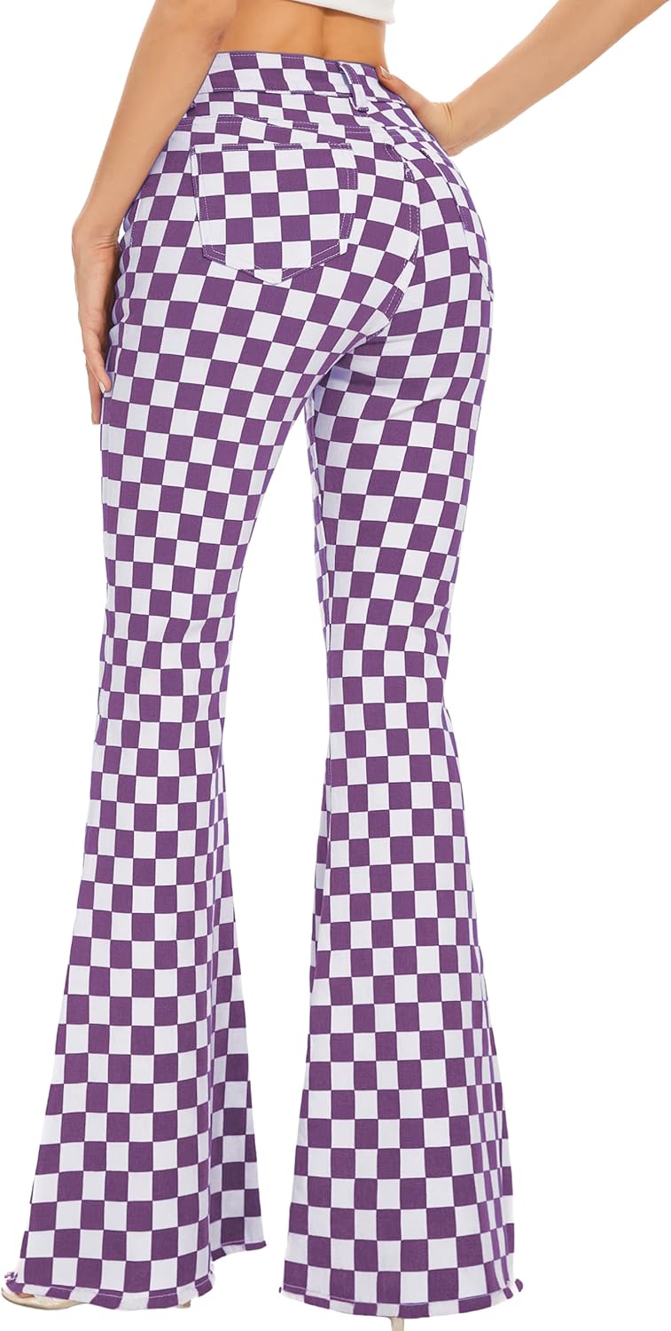 Bell Bottom Jeans for Women High Waisted Stretch Plaid Flare Jeans Denim Bootcut Pants 8 Deep Purple Checkered