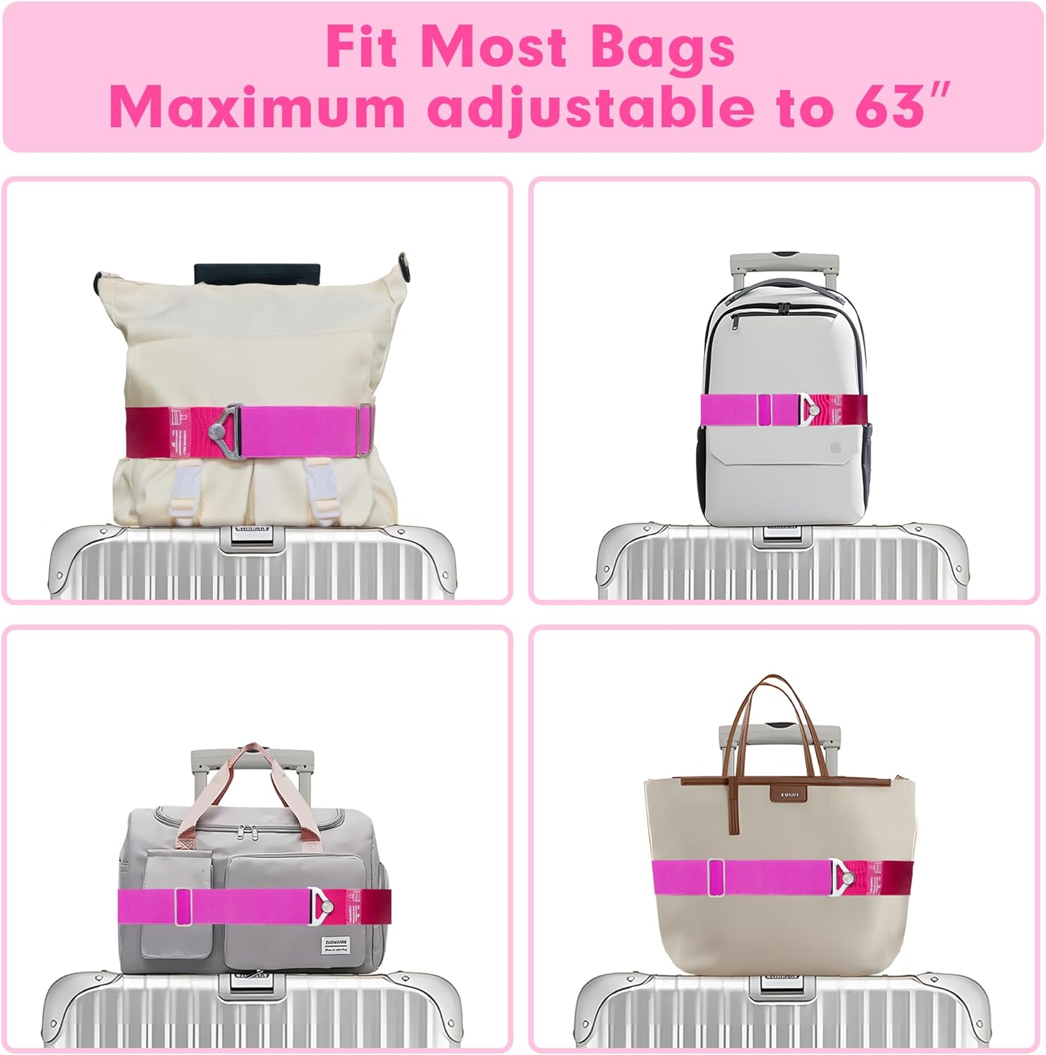 2-in-1 Travel Belt for Luggage Over Handle, Luggage Belt for Carry on Bag, Suitcase Straps, Add a Bag Bungees Luggage Straps Adjustable with Alloy Buckle,Hands-Free for Airport (Pink, 1 Pack) - Image 3