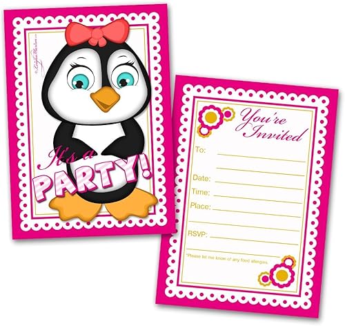 Leigha Marina Tarjetas de invitación de fiesta de pingüinos para niñas, 20 invitaciones y 20 sobres, rellena las notas de felicitación en blanco,