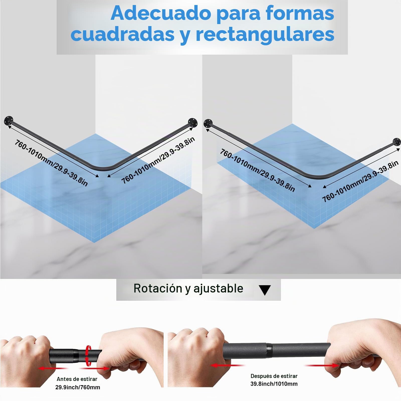 Barra de cortina de ducha en forma de L, barra de ducha de esquina ajustable (76-101 cm x 76-101 cm), Negro Mate Barra de Cortina Curvada Ajustable de 90 Grados Para Baño,Acero Inoxidable