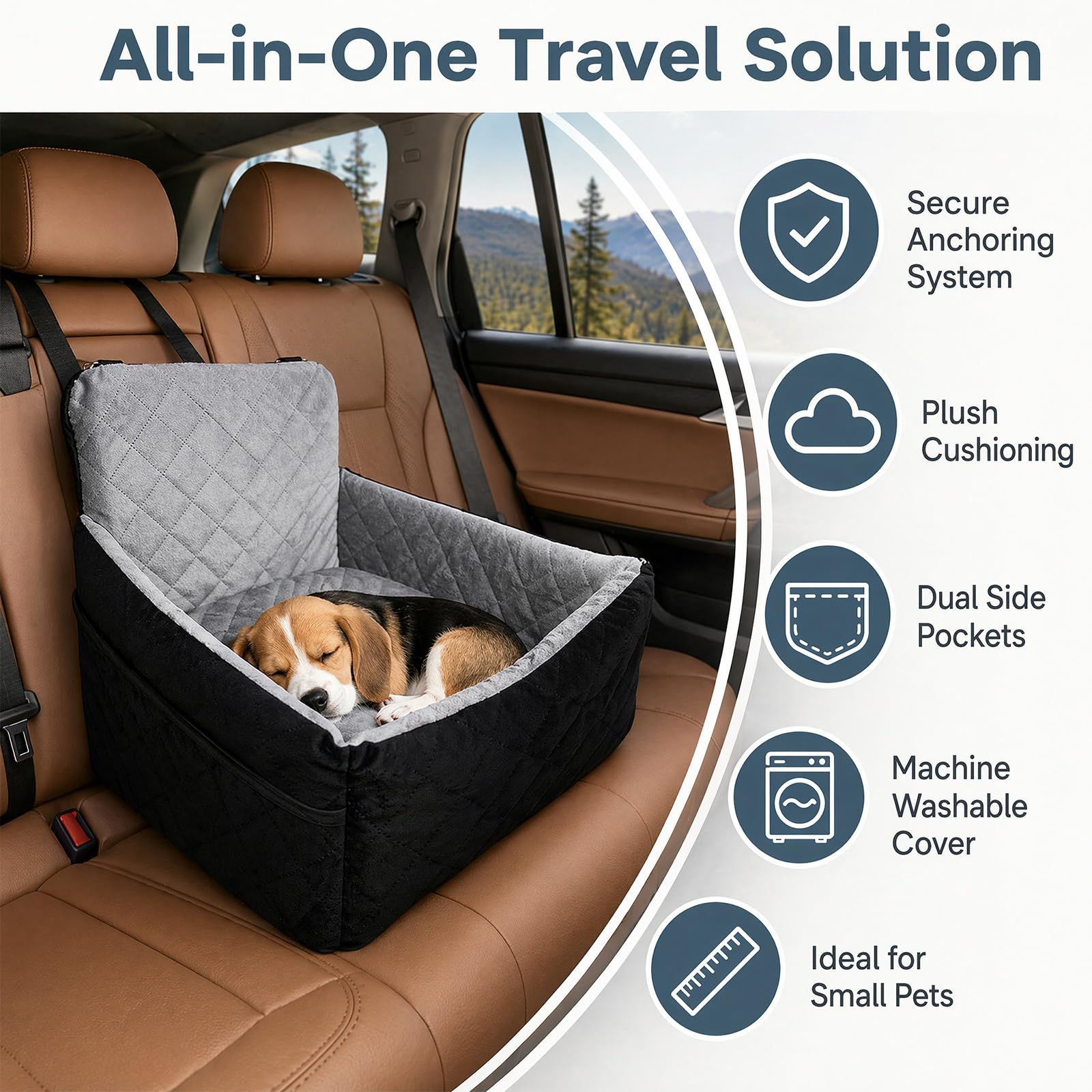 Hunde Autositz, Plüsch Hundesitz Auto für kleine Hunde bis zu 9 kg, Hundebox Auto mit Aufbewahrungstaschen und Sicherheitsgurt, weiches Reisebett für Haustiere für Vorder und Rücksitze (Schwarz+Grau)