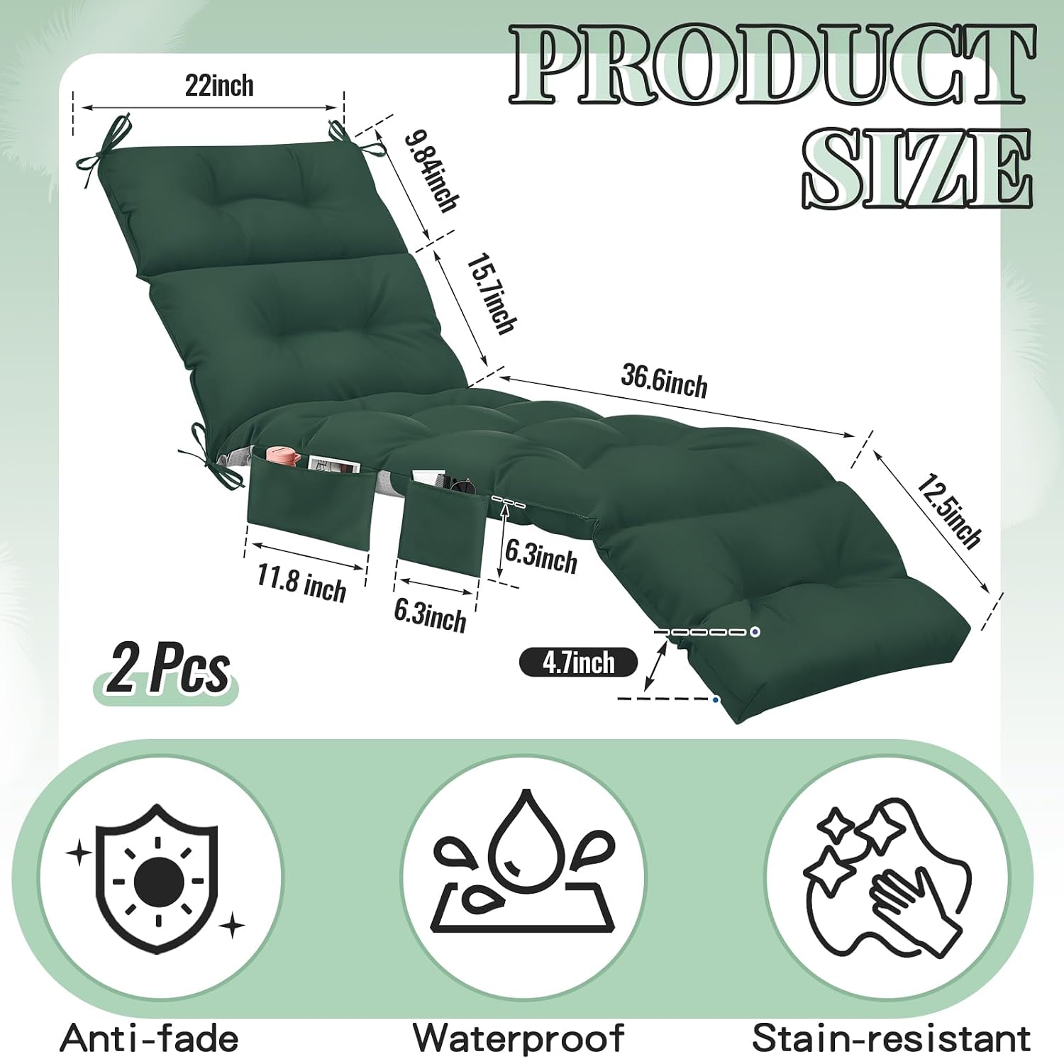 Kigley 2 Pcs Outdoor Chaise Lounge Cushions with 3 Side Pocket 74.5 x 22 x 4.7 Inch Patio Chaise Lounge Cushion, Water-Repellent and Fade-Resistant Tufted Summer Replacement(Dark Green)