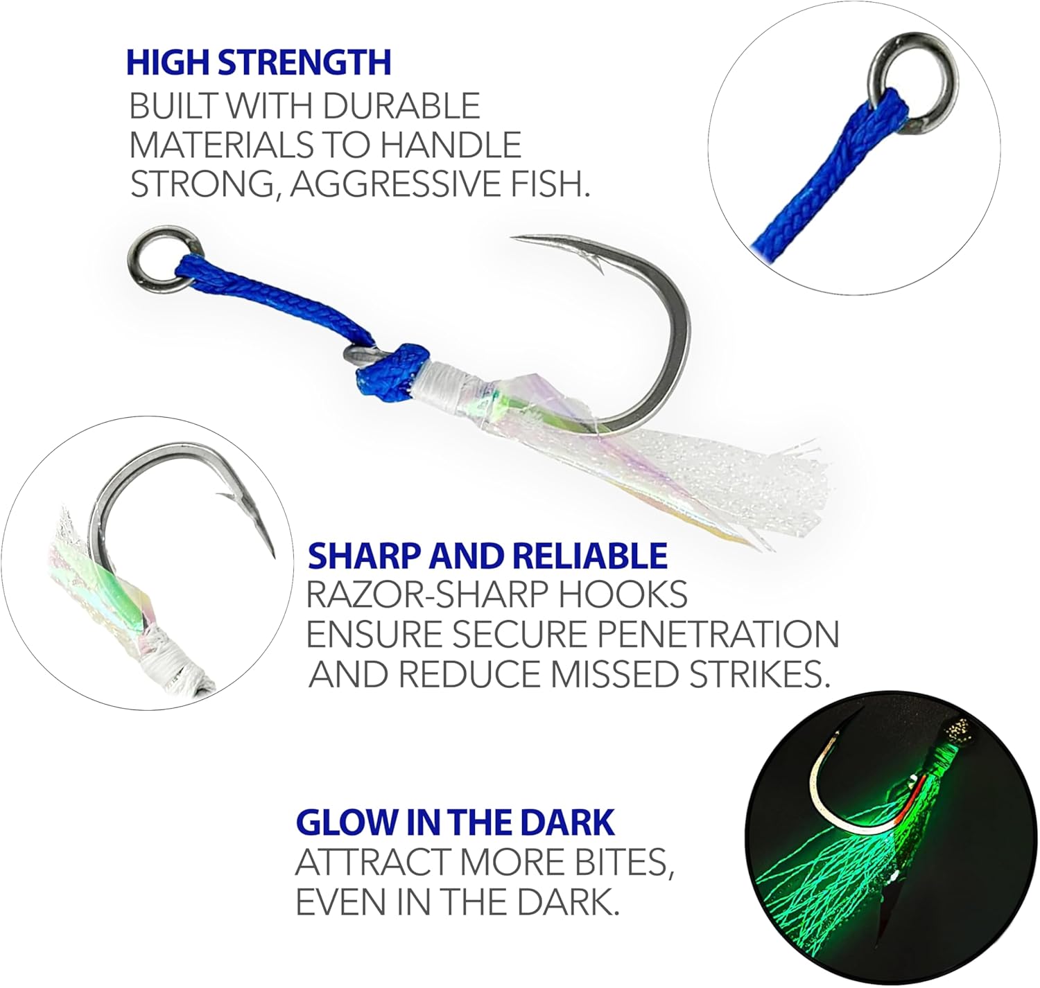 Jigging Assist Hooks 5/0 7/0, 9/0, 18 Pcs, 6 Packs, Glow Feature, for Saltwater Jigging, Premium Hooks, Ideal for Tuna, Walleye, Grouper & Offshore Fishing