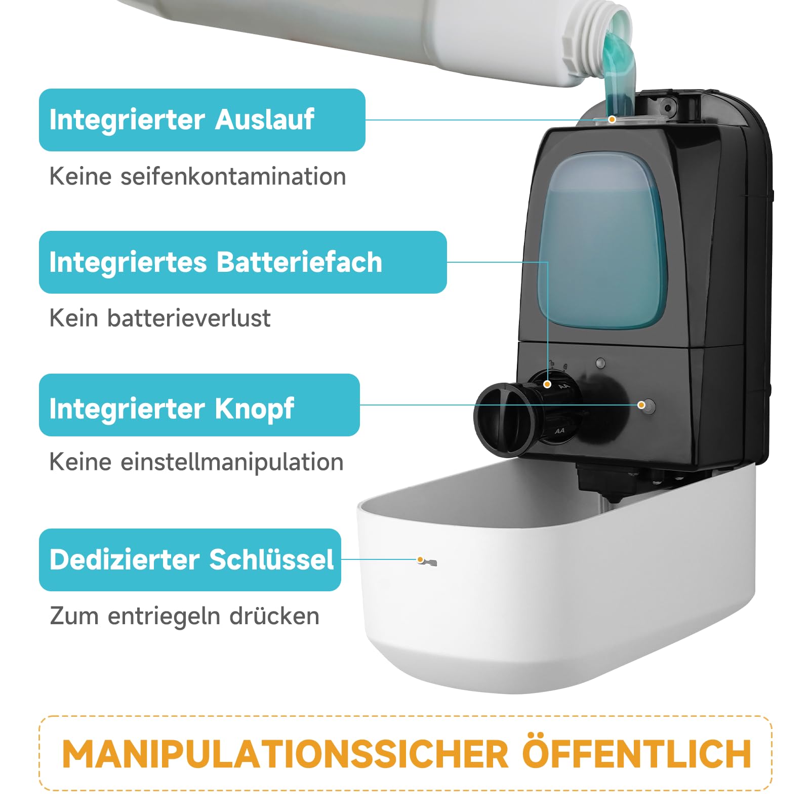 AIKE 1000 ML Automatischer Seifenspender Wandmontiert,Öffentliche Bereiche | Einbruchschutz-Design, 5-stufige Einstellung, 3 Monate Batterielaufzeit, Geeignet Für Krankenhäuser Und Fabriken