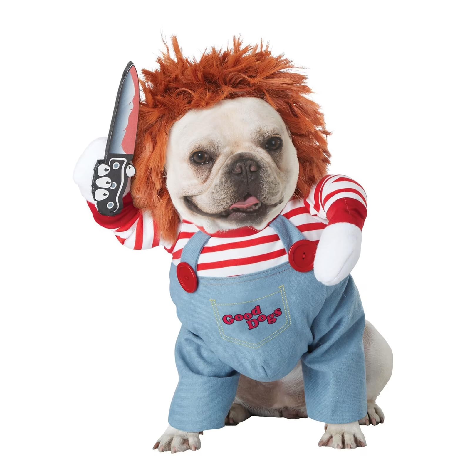 Dog Deadly Doll Costume - Pet Halloween Funny Chucky Cosplay Accessories with Wig & Knife, Christmas Party Cut Set for Puppy, Cat, Pug, Corgi, Shiba, M Size (G)