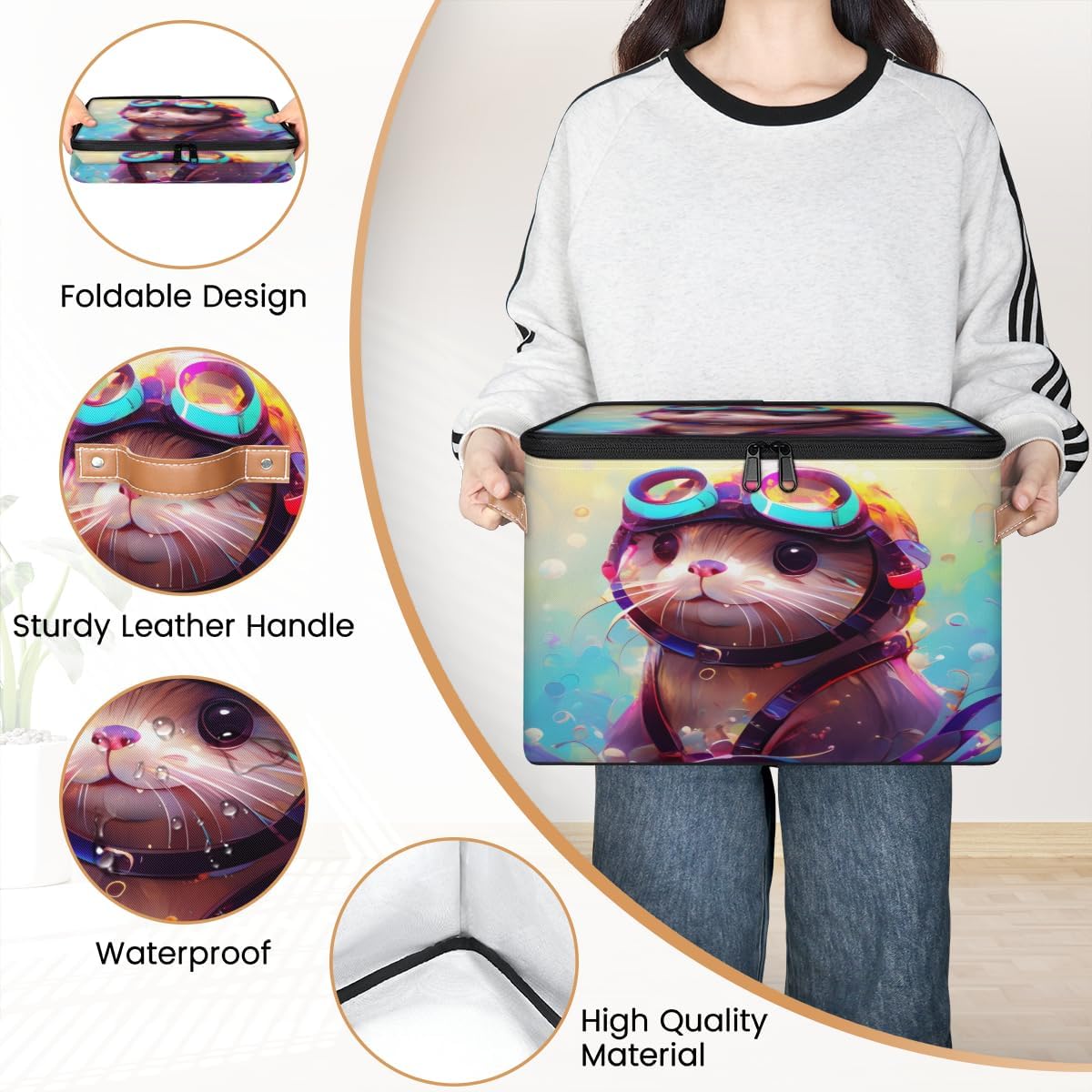 Storage Bin Set of 2 Cute Animal Storage Basket with Zipper Lid & Handle Foldable Closet Shelf 2 Pack Cloth Organizer Basket Cube Bins Clothes Organizer for Bedroom, Nursery