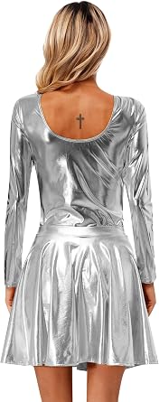 YiZYiF Women's Shiny Metallic PVC Leather Pleated Skirts Gymnastics Dance Leotard Bodysuit Catsuit