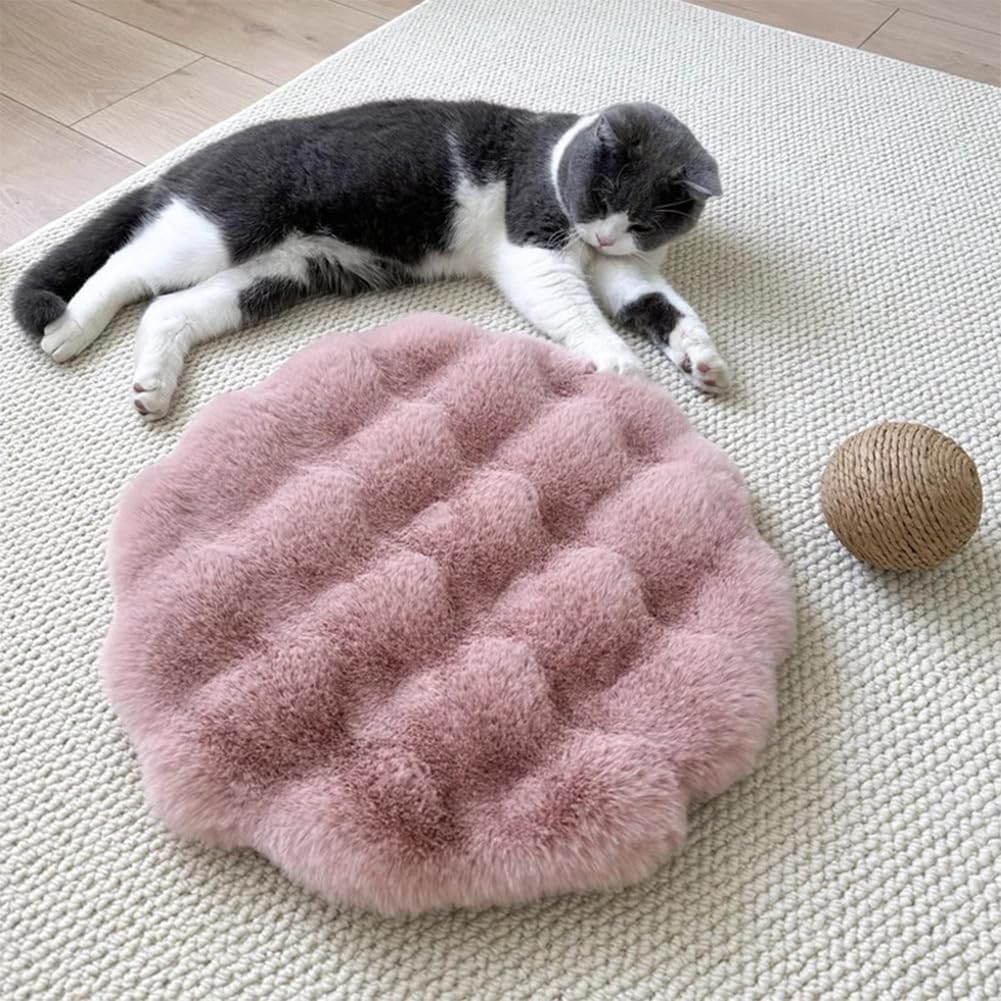 Self Warming Cat Bed Mat, Round Faux Fur Pet Cushion Pad, Non-slip Washable Thermal Blanket For Indoor Cats Kittens Puppies, 30cm Pink 19.7in Round