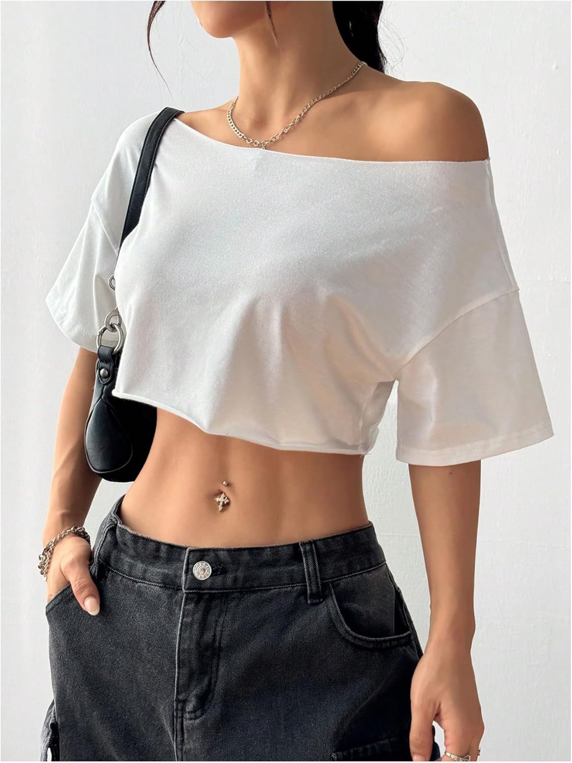 Floerns Women's Y2k Off Shoulder Crop Tops Short Sleeve Oversized Tee Shirts - Image 2