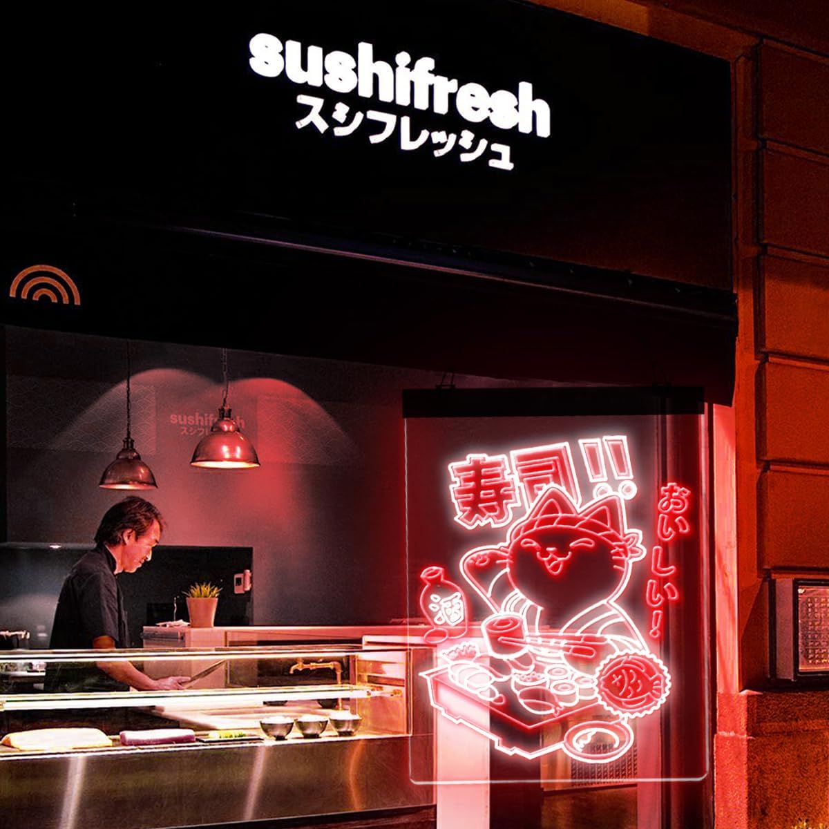 SuShi Cat Chef LED Neon Light Sign for Wall Decor, Japanese Retro Sushi Restaurant Art Decoration, すし & お酒 Cartoon Decor 12"x16"(White & Red)