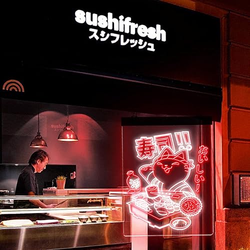 Miniatura 8 de MiMaik SuShi - Letrero de luz LED de neón para decoración de pared, decoración de restaurante de sushi retro japonés, decoración de dibujos