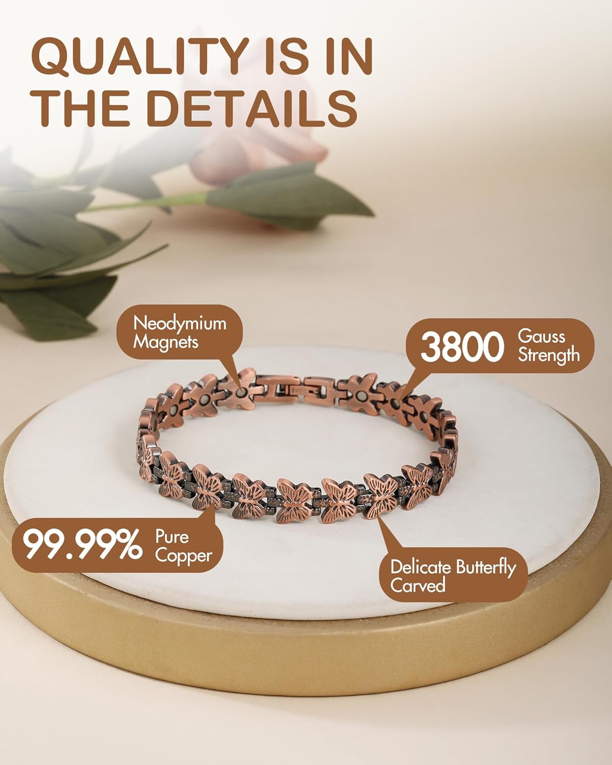 Feraco Pure Copper Bracelets for Women, Ultra Strength Magnetic Copper Bracelet with 3800 Gauss Magnet, Adjustable Jewelry Gift with Butterfly-Engraved - Image 3