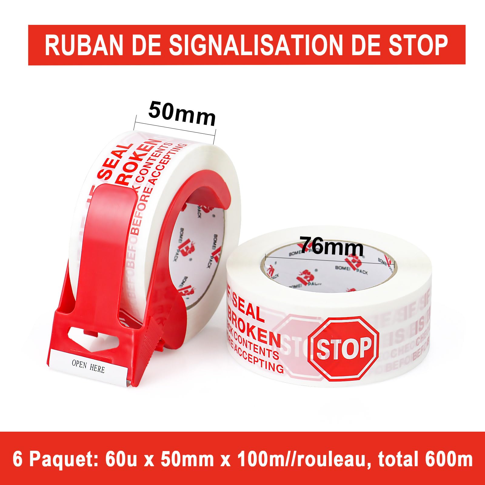 BOMEI PACK Cinta de embalaje de seguridad 100 m x 50 mm – 6 rollos con carrete | Impresión "IF SEAL IS BROKEN CHECK CONTENTS BEFORE ACCEPTING" | Adhesivo fuerte para paquete, almacén, comercio