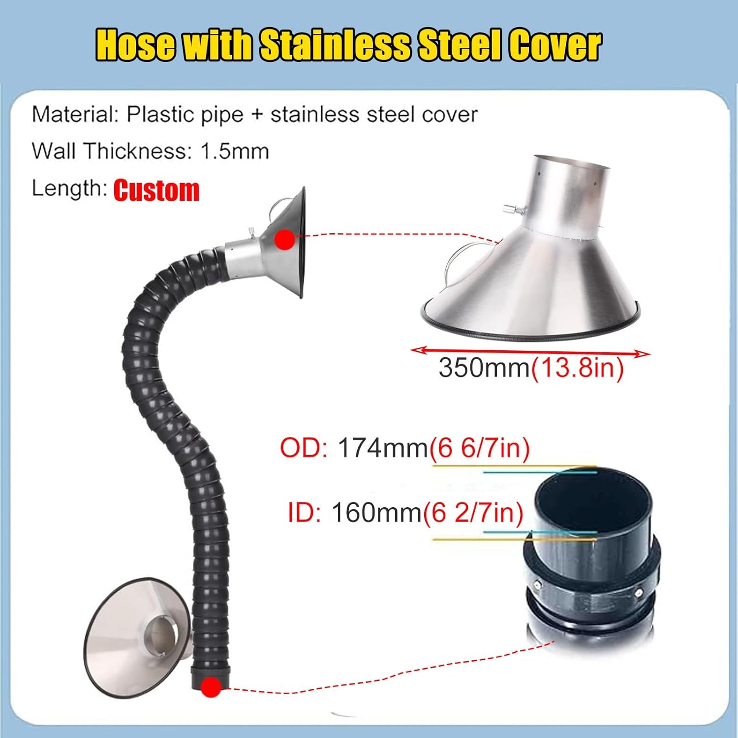 Flexible Fume Extraction Arm - 1.5M Dust Collection Pipe for Soldering, Welding & Industrial Use, Low Maintenance Suction Duct, 160MM Diameter, High Efficiency