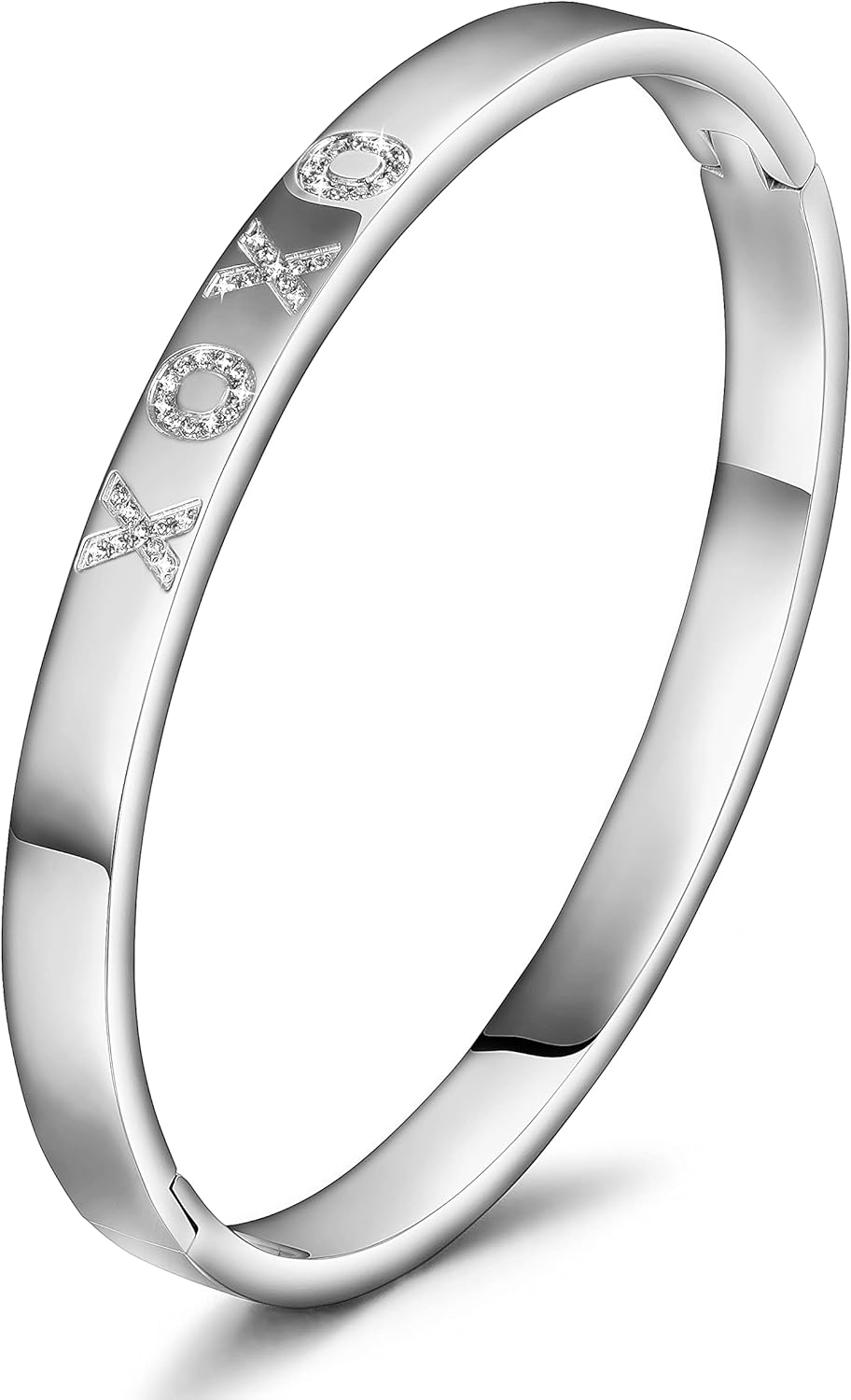 Gold Plated Bangle Bracelet for Women, Silver Engraved Letter “XOXO” “LOVED” Cuff Bracelet with CZ, Fits 6.0–7.0 Inch Wrist, 2.4in Inner Dia., Rose Gold Stainless Steel Hinged Bangle Jewelry